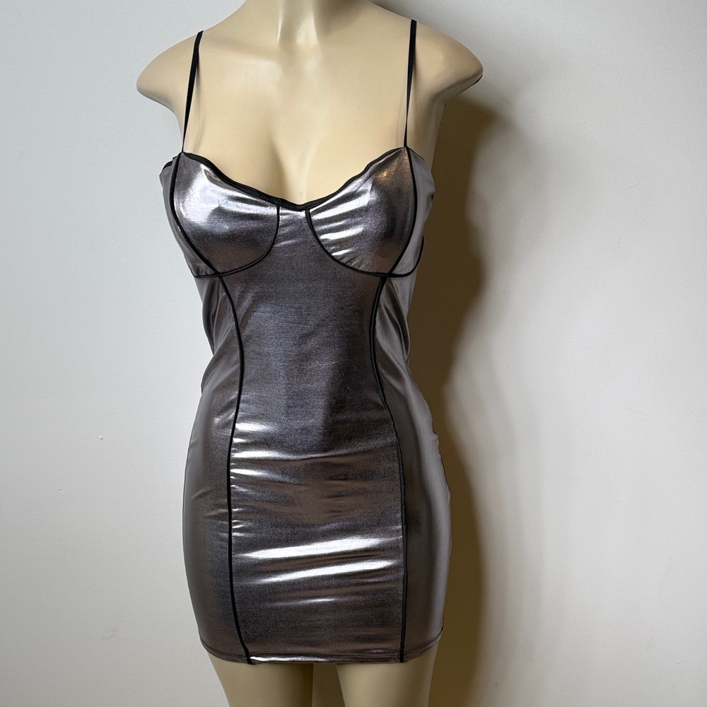 Metallic Silver Bodycon Mini Dress with Spaghetti Straps